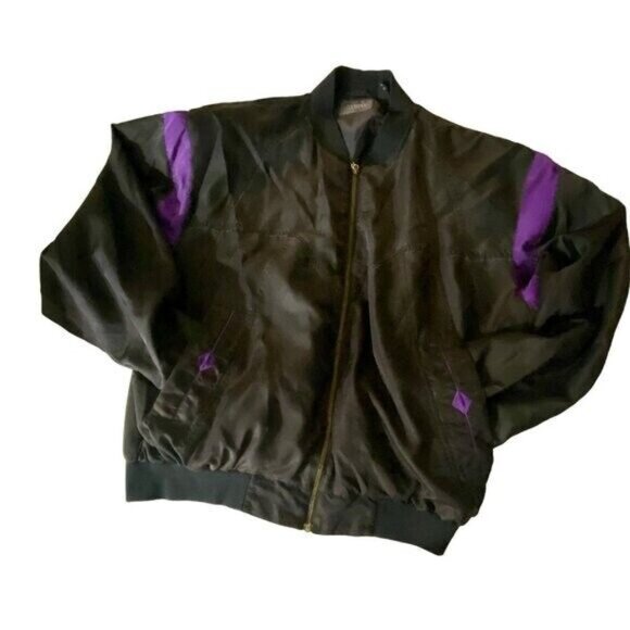 Saxony Other - Vintage Saxony Collection Black & Purple Bomber  Style Zip Up Jacket L 75% Silk